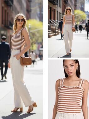 NWT VERONICA BEARD TOP STRIPED TANK WHITE BROWN SMOCKED RUCHED RUFFLE COTTON